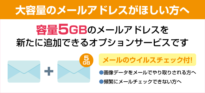 大容量メールアドレスが欲しい方へ 容量５ＧＢのメールアドレスを新たに追加できるオプションサービスです。