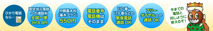 ひかり電話なら…【固定加入電話への通話料　全国一律3分8.8円(税込)】【月額基本料(基本プラン)550円(税込)】【電話番号電話機はそのまま】【110番・119番などの緊急電話通話OK】【フリーダイヤルへの通話OK】今までの電話と同じように使えるぞ！